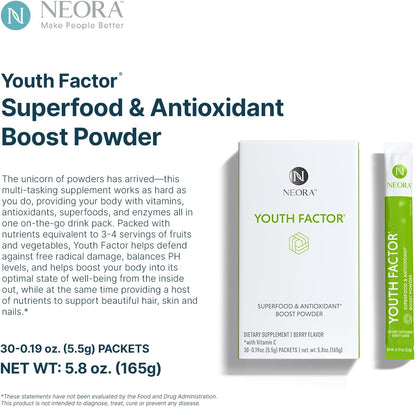 NEORA Youth Factor - Superfood Boost Powder - pH Balance, Hair Skin & Nails Support, Fruits & Veggies Equivalent, Nutrient Absorption - 30 Packets
