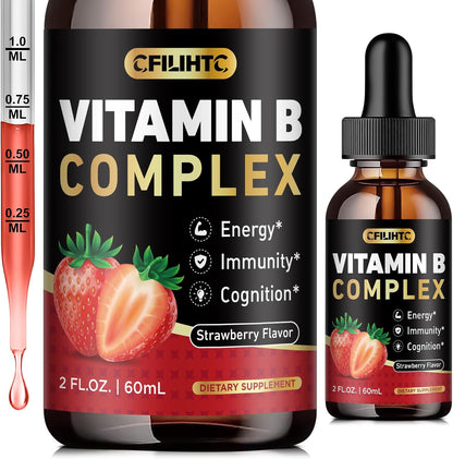 CFILIHTC Vitamin B Complex Liquid Drops - B1, B2, B3, B5, B6, B7, B9, Methyl B12 5000mcg - Strawberry Flavour - Vegan – Image 1