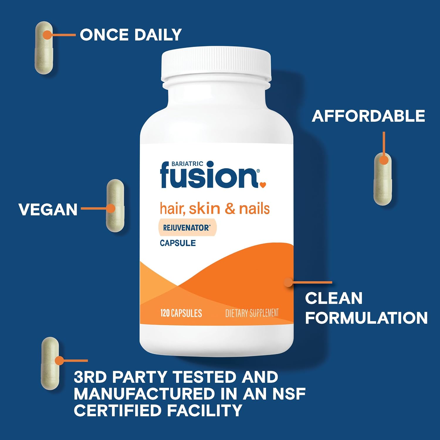 Bariatric Fusion ONE Per Day Hair, Skin and Nails Vitamins REJUVENATOR – Vegan Hair Growth Vitamins with Biotin, Vitamin B12, and B1 – Easy to Swallow – 120 Capsules - görsel 3