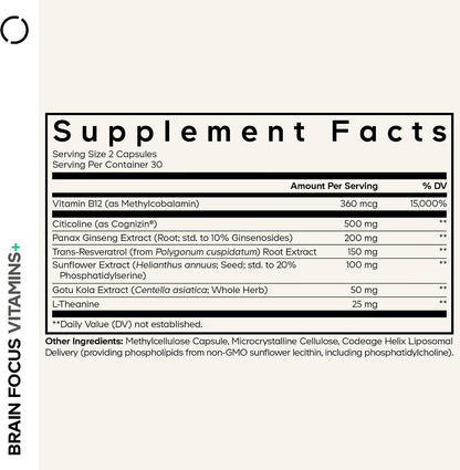 Codeage Brain Focus Vitamins+ - Nootropic Supplement with Citicoline Cognizin, Panax Ginseng, Resveratrol, Gotu Kola, – Image 2