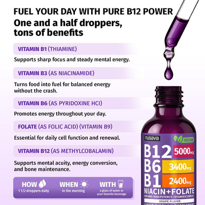 NUSAVA Vitamin B12 Liquid Drops 5000mcg with – Cardiovascular health – Image 3