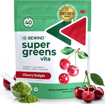 Rewind Best Tasting Super Greens Powder – Peach Flavour (40+ Superfoods, Vitamins & Minerals)