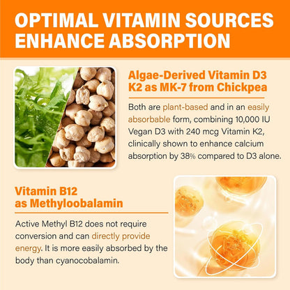 Vitamin D3 10000IU + K2 Gummies with Methyl B12, Calcium, Magnesium, Zinc & Elderberry - Sugar-free Vegan