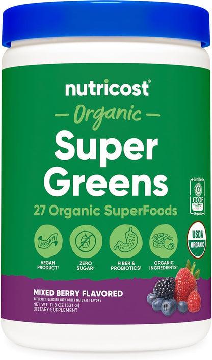 Nutricost Organic Super Greens Powder (30 Servings) Orange Sunrise Flavour - Superfood Supplement Drink Mix