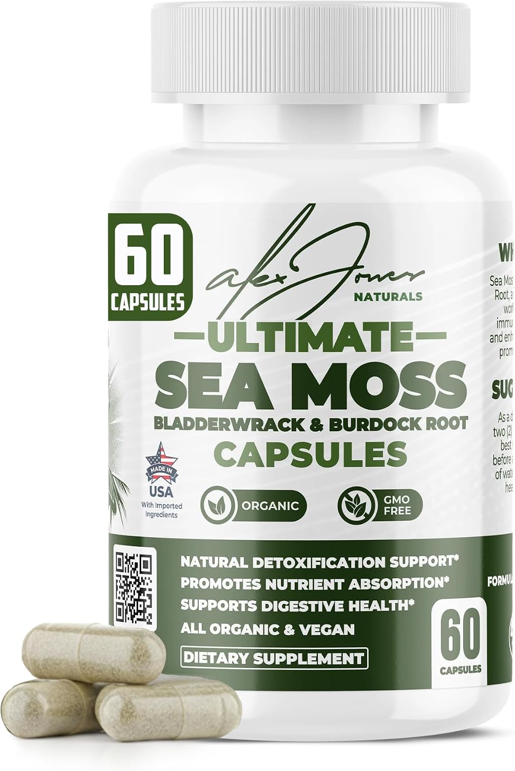 Alex Jones Ultimate Sea Moss Capsules – Vegan, Non-GM Seaweed Supplement with Bladderwrack and Burdock Root (60 Capsules) – Image 1