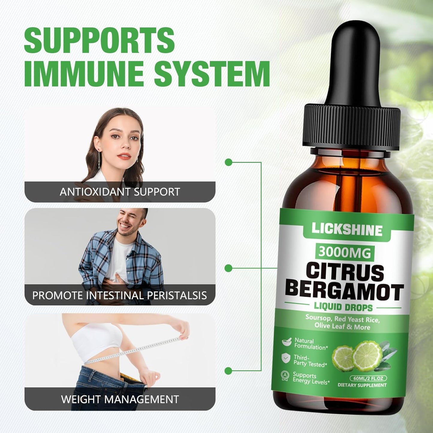 lickshine Citrus Bergamot Liquid Drops 3000mg - 2 Pack - Fast-Absorbing Liquid Supplement for Cholesterol & Immune Support, 120 mL Each - görsel 5
