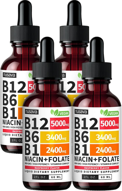 NUSAVA (2 Pack) Vitamin B12 Liquid Drops with B6, B1, Niacin & Folate — B12 Sublingual Vitamin B Complex, Methylcobalamin 5000 mcg, for Energy, Brain & Heart Support, Raspberry Flavour, 80 Servings