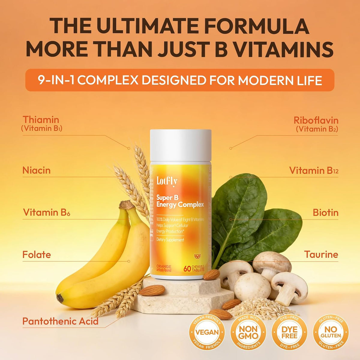 LOTFLY Vitamin B Complex – 120 Chewable Tablets with B1, B2, B3, B5, B6, B7, B9, B12 & Taurine – Image 5