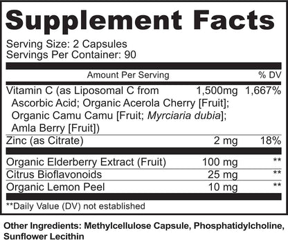 Liposomal Vitamin C with Zinc Capsules – Immune Support, 1500mg per Serving, 180 Vegie Caps (3-Month Supply)