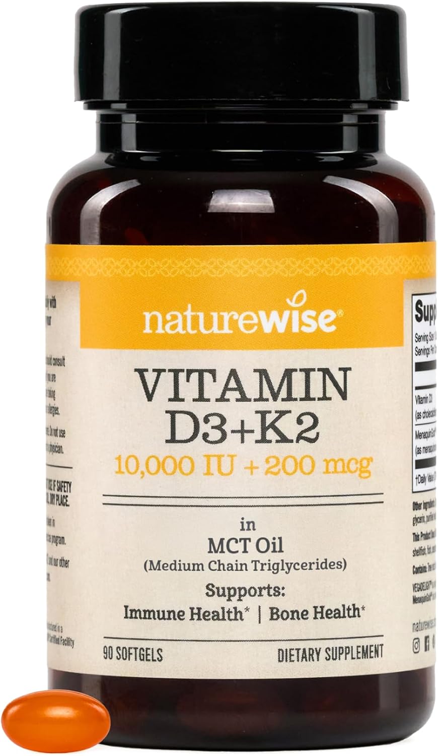 NatureWise Vegan Vitamin D3 + K2 with Organic MCT Oil – 10000 IU D3, 200 mcg K2 – 90 Soft-gels - görsel 1