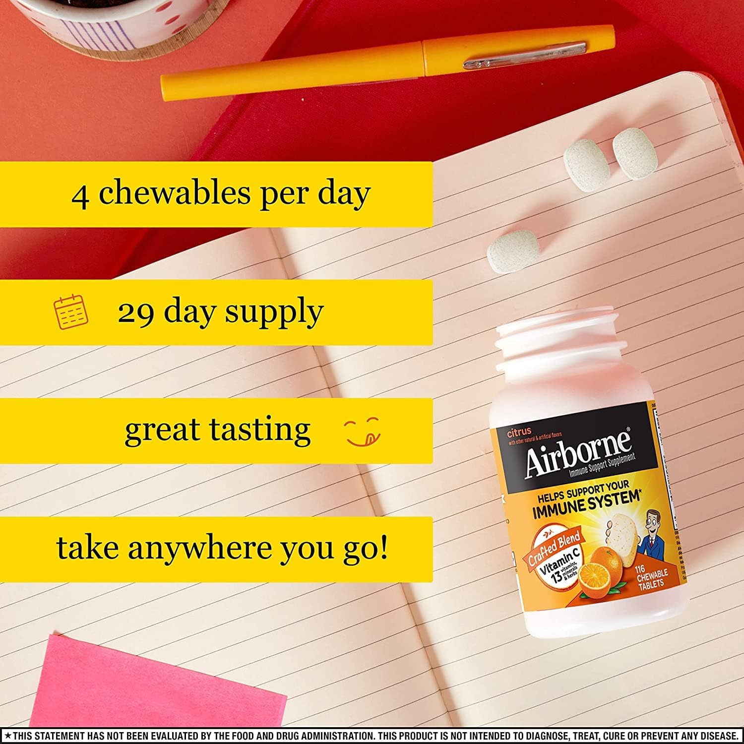 Airborne 1000mg Vitamin C + Zinc Chewable Tablets, Very Berry & Citrus - görsel 6