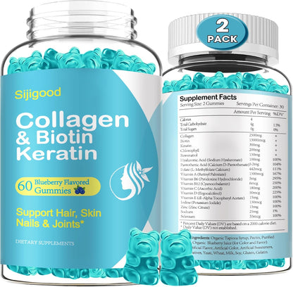 2 Pack Biotin Gummies with Collagen, Keratin, Hyaluronic Acid, Vitamin for Skin, Hair Growth, Nails, Women Men Adults Kids - Blueberry Flavoured, 120 Gummies