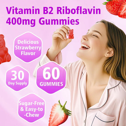 Vitamin B2 Gummies - Riboflavin 400 mg with Magnesium & CoQ10 - Strawberry Flavour, 60 Gummies – Image 5