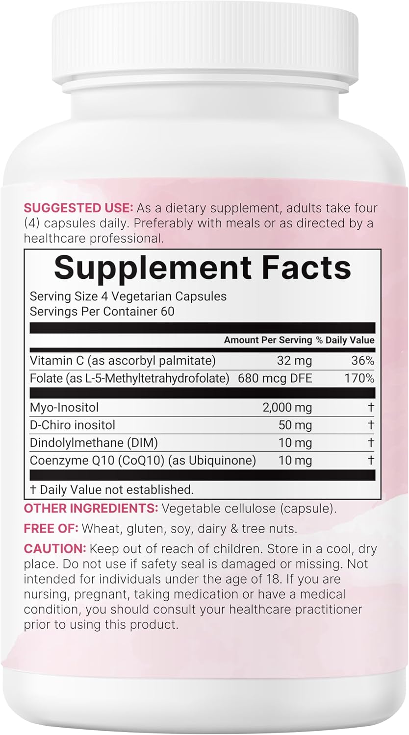 Myo-Inositol & D-Chiro Inositol 2,050mg | 240 Vegetable Capsules + Vitamin C, Folate, DIM, & CoQ10 | Inositol Supplement for Women's | 40:1 Ratio | Hormonal Balance & Ovarian Support | Filler Free - görsel 6
