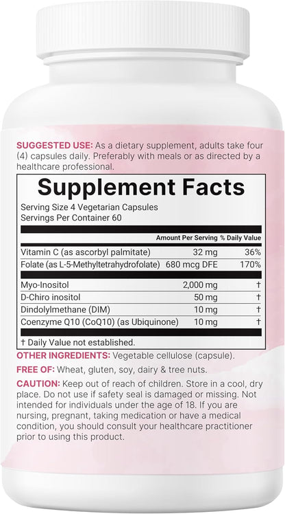 Myo-Inositol & D-Chiro Inositol 2,050mg | 240 Vegetable Capsules + Vitamin C, Folate, DIM, & CoQ10 | Inositol Supplement for Women's | 40:1 Ratio | Hormonal Balance & Ovarian Support | Filler Free