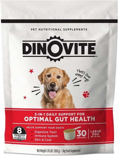 Dinovite Probiotics for Dogs, Probiotic Powder Food Topper for Large Dogs (over 20 kg), Daily Digestive Health & Skin Support with Omega-3s, 30 Servings