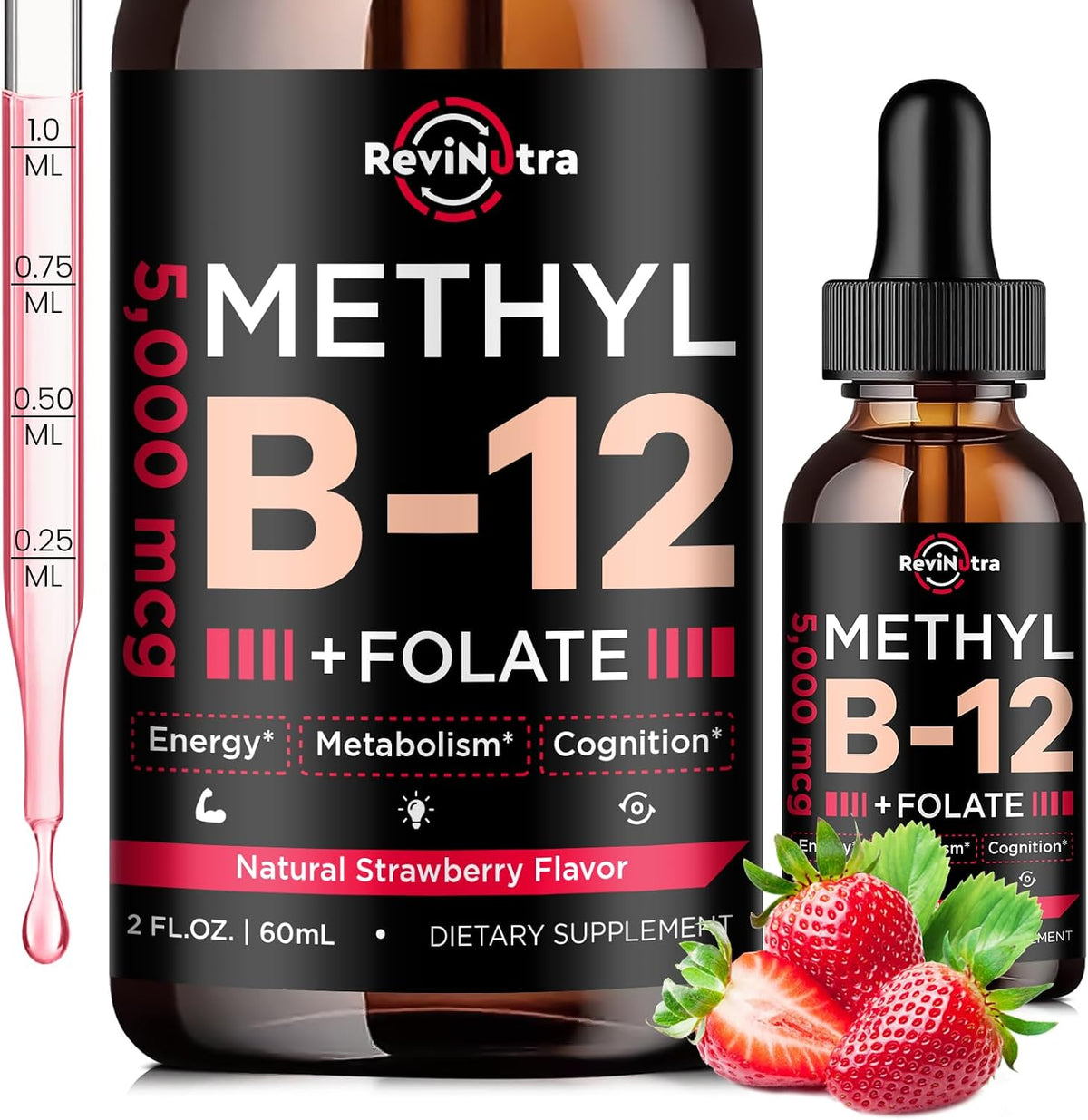 ReviNutra Vitamin B12 Liquid Drops - 5000 – Energy Production: B12 helps turn your food into fuel, so you feel – Image 1