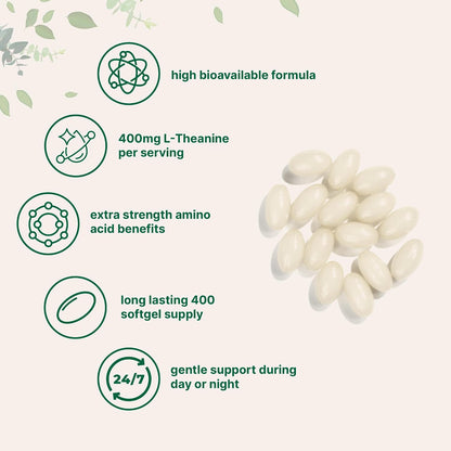Micro Ingredients L-Theanine 400mg, 400 Soft-gels | Highly Bioavailable with Coconut Oil | Calm & Relaxation Support + Focus Supplement | Non-GM, Gluten Free