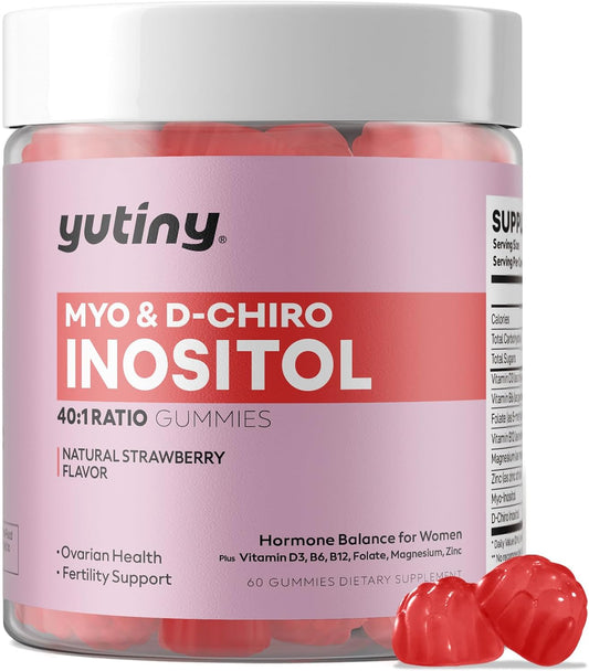 Yutiny Myo-Inositol & D-Chiro Inositol Gummies, Vitamin B6 B12 & Folate for Women's, Vegan, Sugar-free, Strawberry Flavour, – Image 1