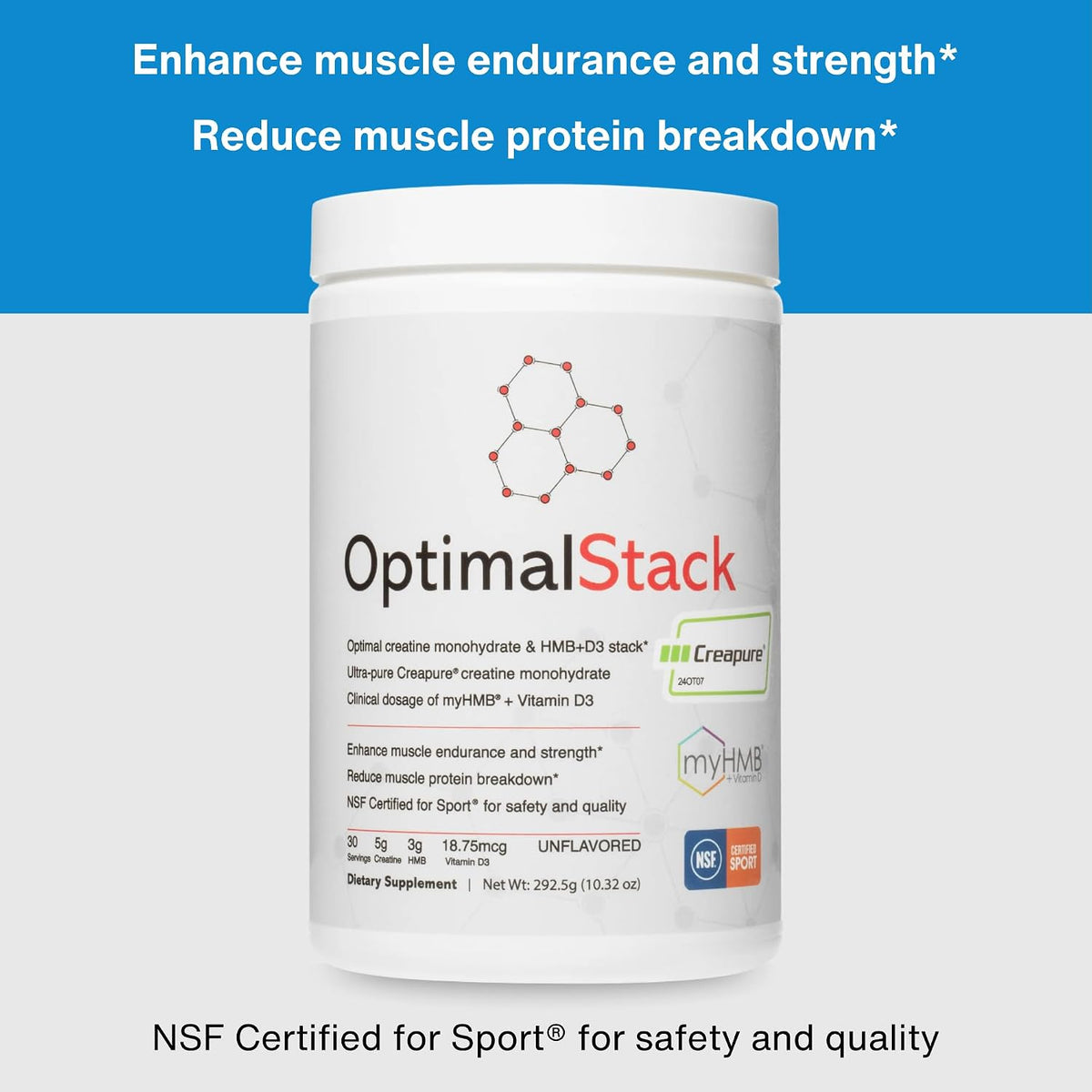 OptimalStack Creatine Monohydrate, HMB & Vitamin D3 Stack | NSF Certified | Unflavoured, 30 Servings – Image 4
