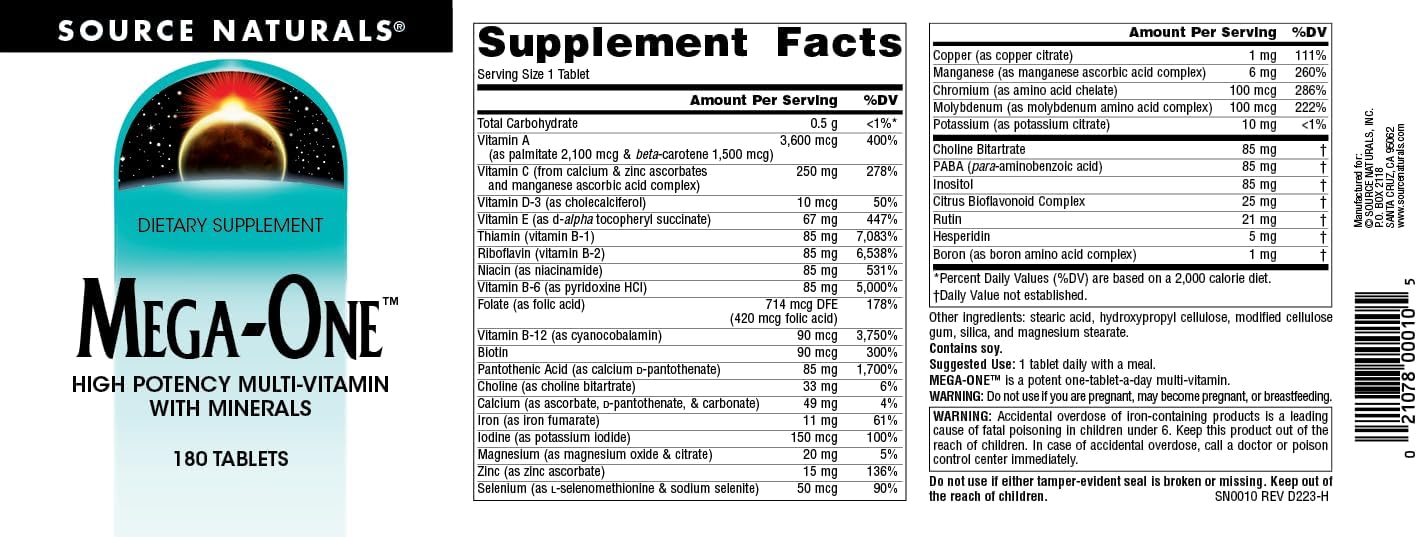 Source Naturals Mega-One Multi-Vitamin with Minerals – 180 Tablets - görsel 4