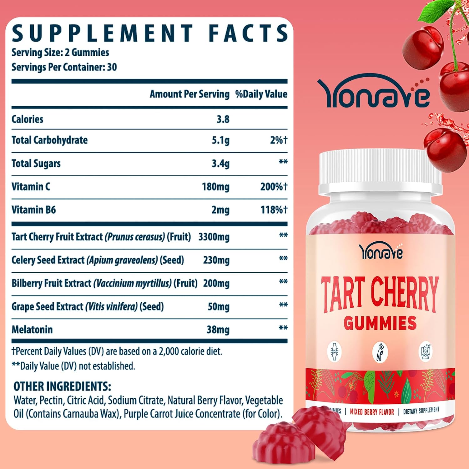 Yonrave Tart Cherry Gummies – Uric Acid Cleanse & Joint Support with Celery Seed – Vegan, Antioxidant Tart Cherry Supplement – Mixed Berry Flavour, 60 Count - görsel 2