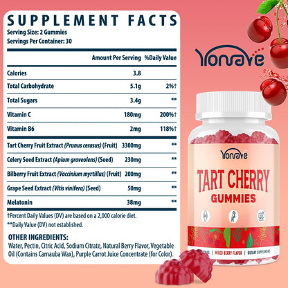 Yonrave Tart Cherry Gummies – Uric Acid Cleanse & Joint Support with Celery Seed – Vegan, Antioxidant Tart Cherry Supplement – Mixed Berry Flavour, 60 Count