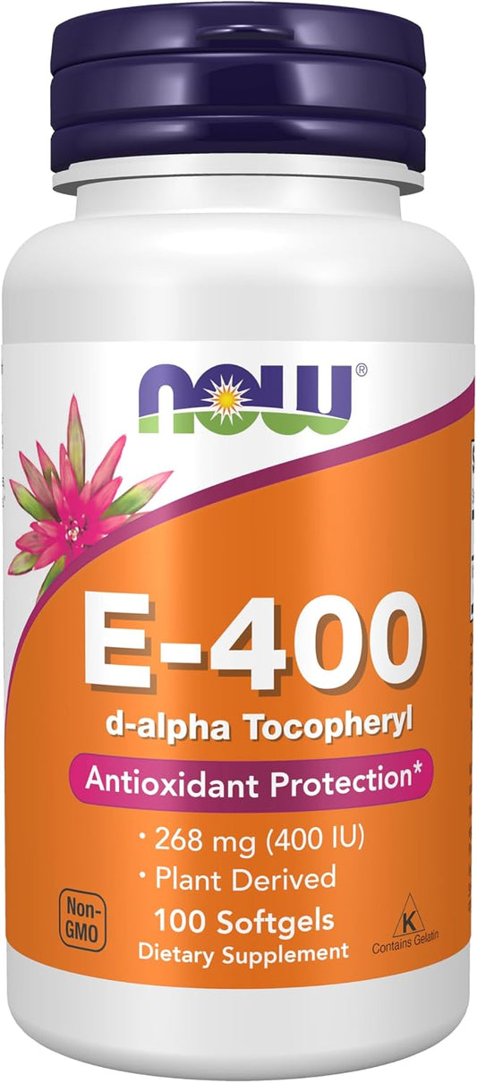 NOW Foods Vitamin E-400 IU, d-Alpha Tocopherol Softgels, 100 Softgels