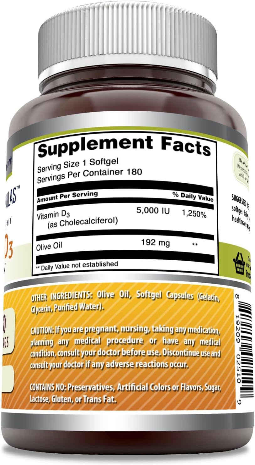 Amazing Formulas Vitamin D3 5000 IU with Olive Oil Softgels, 180 Capsules - görsel 3