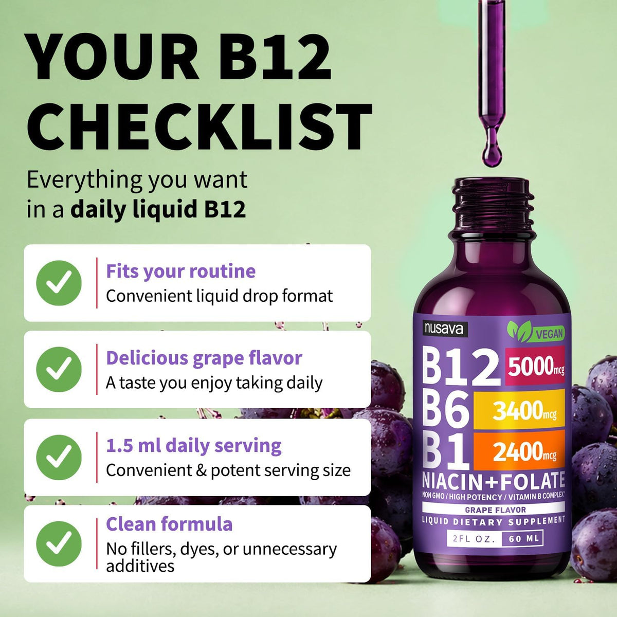 NUSAVA Vitamin B12 Liquid Drops 5000mcg with – Mental clarity and focus – Image 6