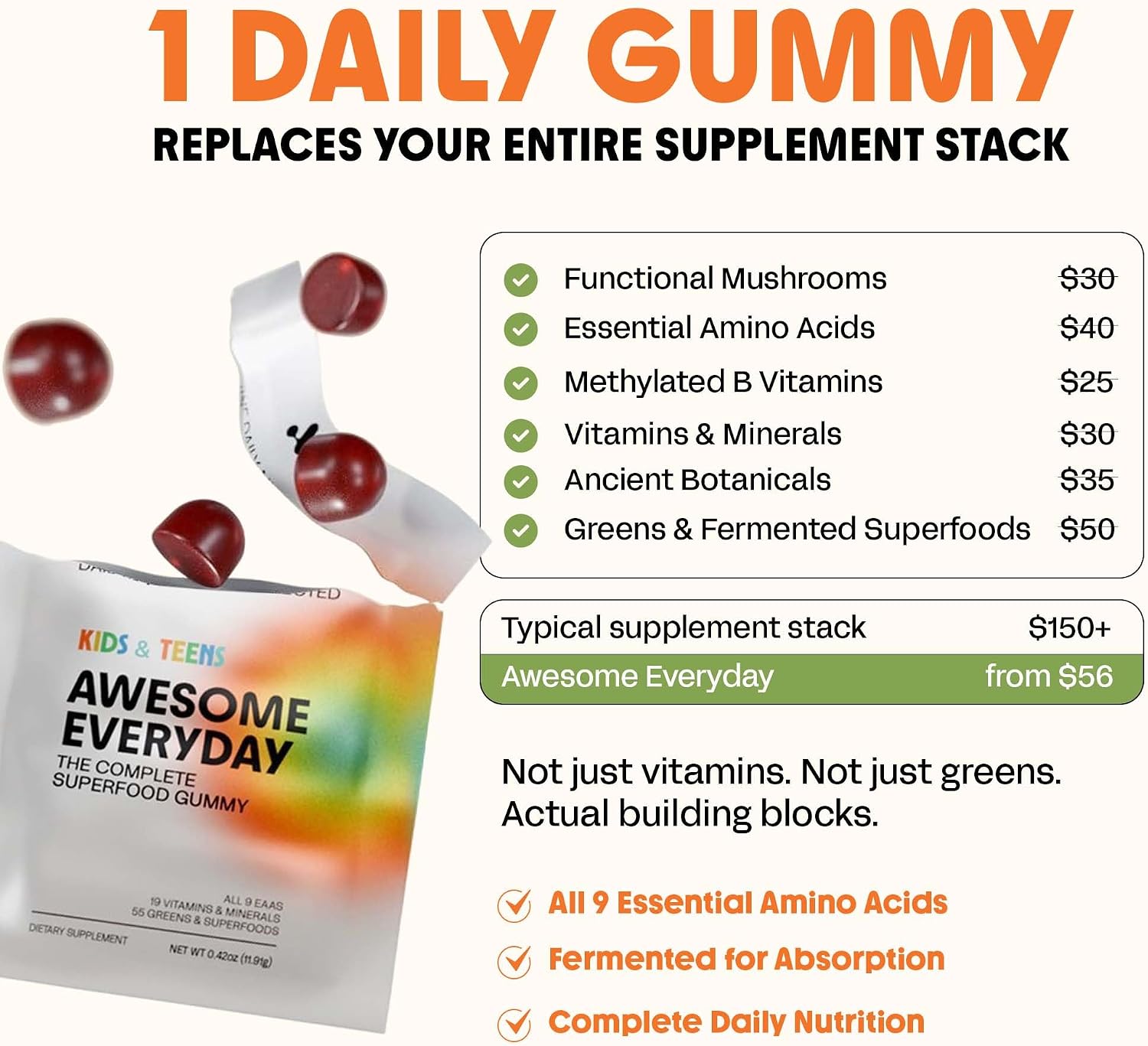 Awesome Everyday Essential Daily Nutrition Gummies - 9 Essential Amino Acids + Vitamins, Minerals & Organic Greens and Superfoods - Fermented Nutrition for Energy, Brain & Immunity – Kids – 28 Count - görsel 8