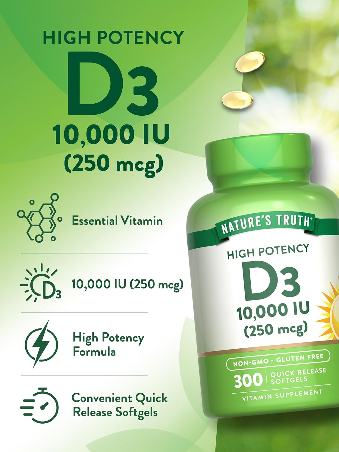 Nature's Truth Vitamin D3 10000 IU Softgels, 300 Count - Extra Strength, Non-GM & Gluten free - görsel 5