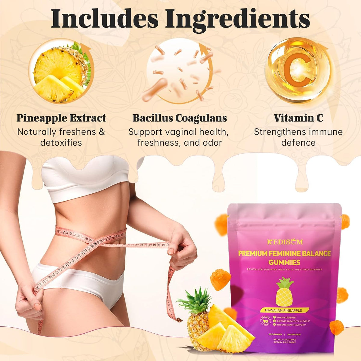 KEDISOM Premium Feminine Balance Gummies – Women's's Health & Wellbeing – Hawaiian Pineapple (60 Gummies) – Image 6