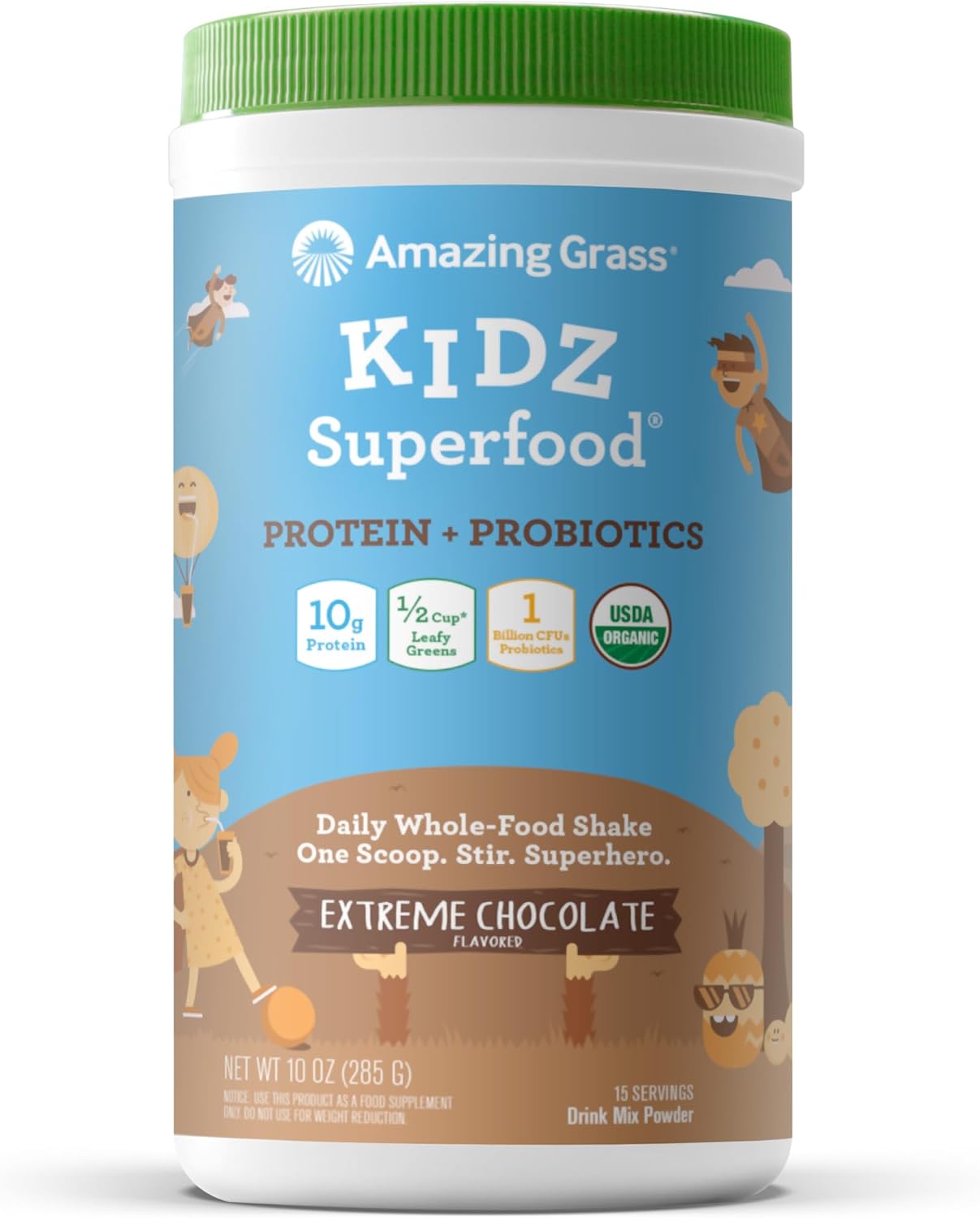 Amazing Grass Kidz Superfood: Vegan Protein & Probiotics for Kids, Extreme Chocolate, 15 Servings - görsel 1