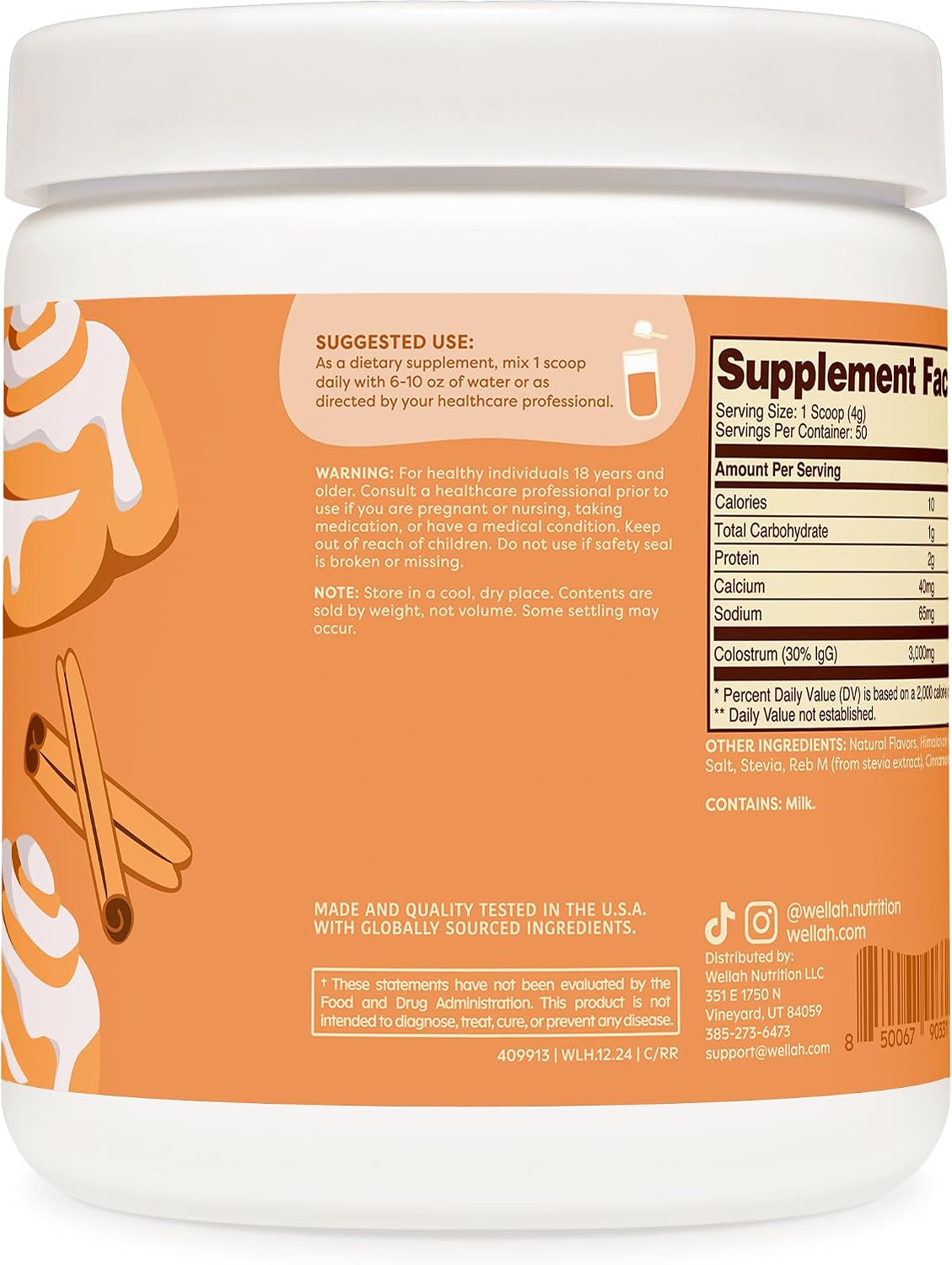 Wellah Colostrum Cinnamon Roll (50 Servings) - Sweetened with Stevia, 3g Colostrum Per Serving, Dietary Supplement – Image 3