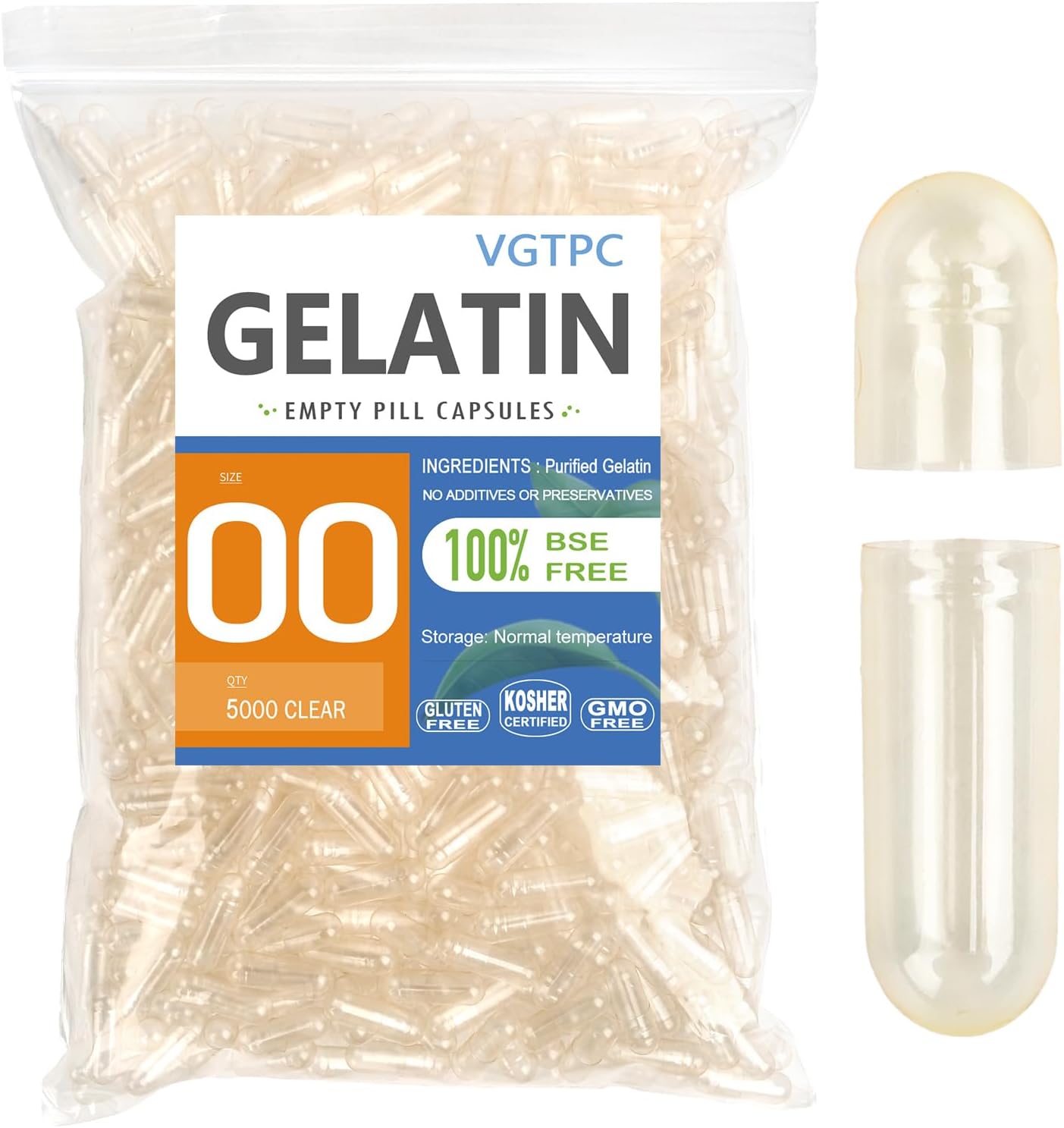 VGTPC Size 00 Empty Gelatine Capsules Separated - 5000 Count Clear Gel Pills for DIY Supplement Filling - görsel 1