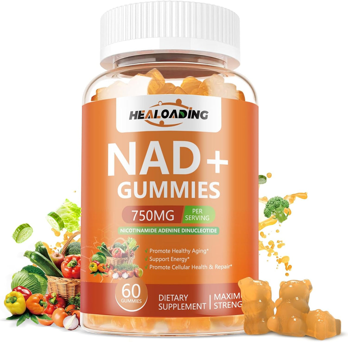 HEALOADING NAD+ Gummies with Resveratrol - – NAD+ (750mg): A coenzyme critical for energy production and DNA – Image 1