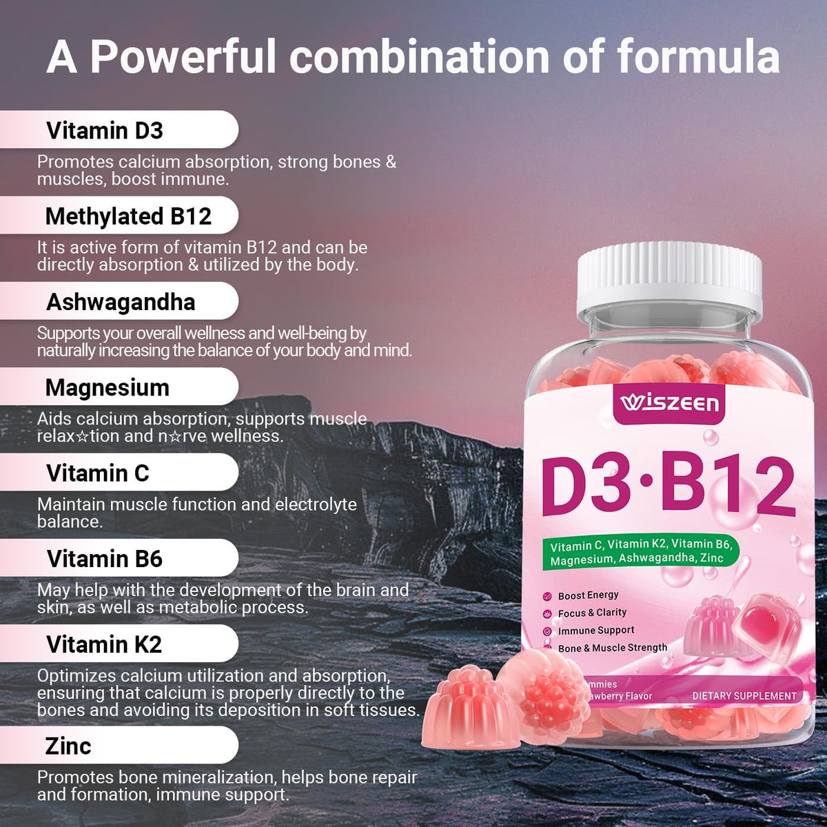 Wiszeen Vitamin D3 B12 Gummies, 10000 IU & – 100 mg ashwagandha and 100 mg magnesium per serving – Image 3
