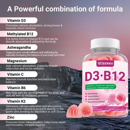 Wiszeen Vitamin D3 B12 Gummies, 10000 IU & – 100 mg ashwagandha and 100 mg magnesium per serving – Image 3