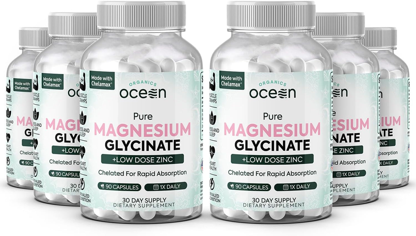 Organics Ocean Pure Magnesium Glycinate with Zinc – Chelated Magnesium for Sleep and Muscle Support – 6 Bottles - görsel 1