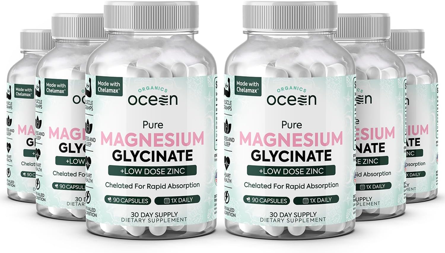 Organics Ocean Pure Magnesium Glycinate with Zinc – Chelated Magnesium for Sleep and Muscle Support – 6 Bottles - görsel 1