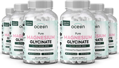 Organics Ocean Pure Magnesium Glycinate with Zinc – Chelated Magnesium for Sleep and Muscle Support – 6 Bottles