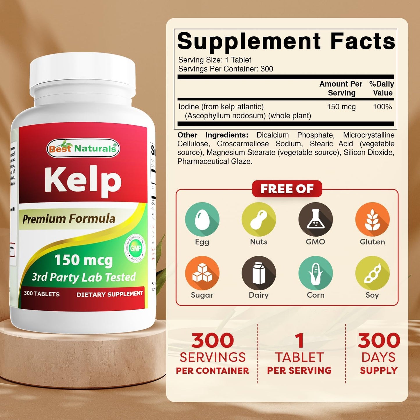 Best Naturals Kelp Supplement 150 mcg, 300 Tablets - görsel 2