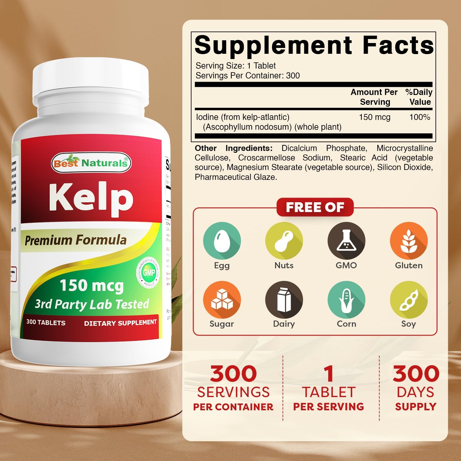 Best Naturals Kelp Supplement 150 mcg, 300 Tablets - görsel 2