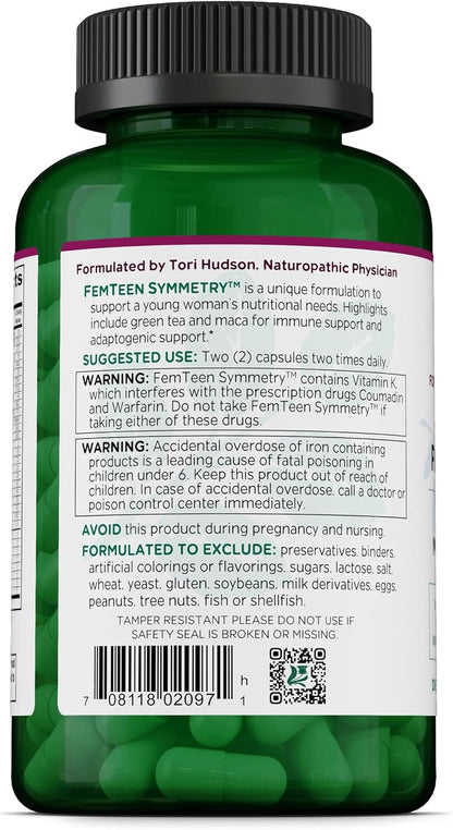 Vitanica FemTeen Symmetry - Multivitamin and Mineral Supplement with Green Tea for Teenagers - 120 Capsules