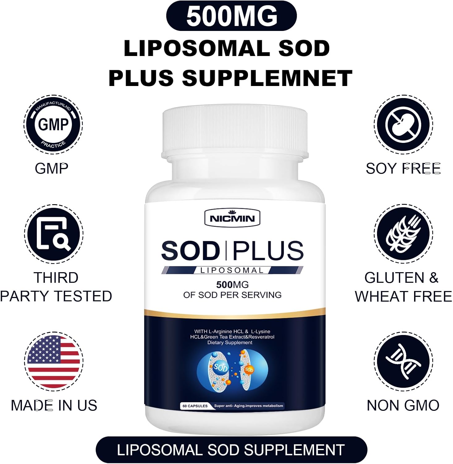 NICMIN SOD Plus 500mg – Liposomal Superoxide Dismutase with Glutathione, AKG, Green Tea Extract, L-Arginine, Lysine, Resveratrol & Vitamin E – Antioxidant Support, 120 Capsules - görsel 5