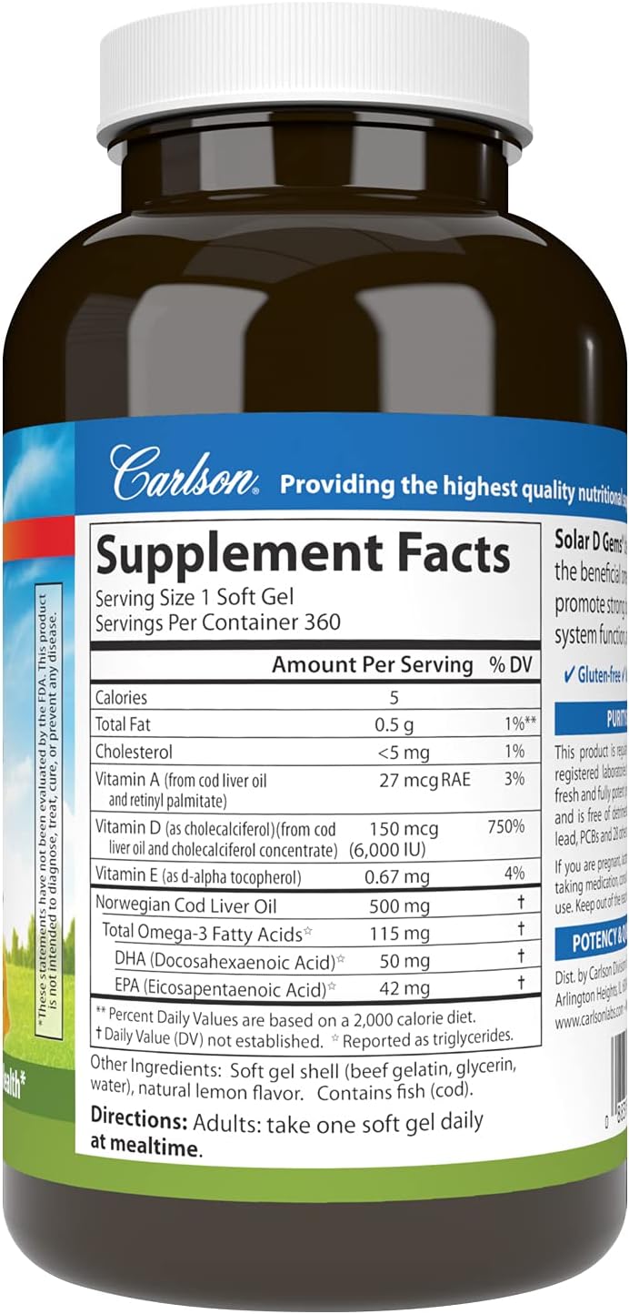 Carlson Solar D Gems, Vitamin D3 & Omega-3 Supplement, 6000 IU (150 mcg) Vitamin D3, 115 mg Omega-3s EPA and DHA, Lemon, 360 Softgels - görsel 2