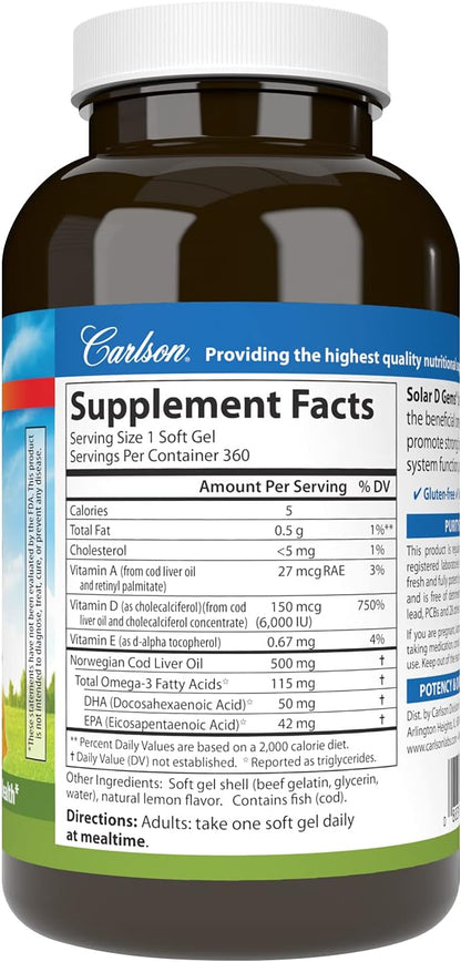 Carlson Solar D Gems, Vitamin D3 & Omega-3 Supplement, 6000 IU (150 mcg) Vitamin D3, 115 mg Omega-3s EPA and DHA, Lemon, 360 Softgels