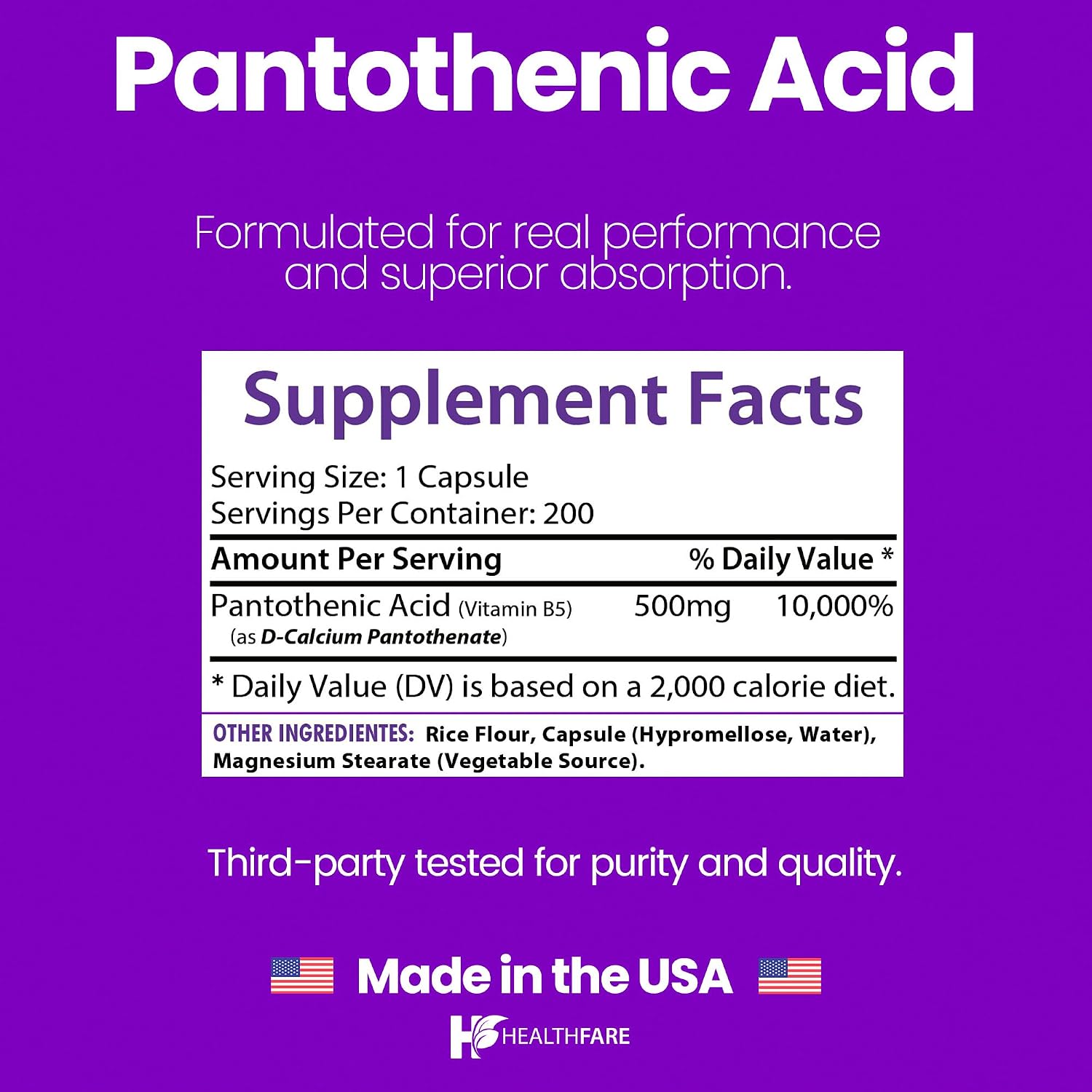 Healthfare Pantothenic Acid 500mg Vitamin B5 Supplement – 200 Vegan Capsules – Extra Strength Energy & Metabolism Support – Non-GM, Gluten free – Manufactured in the USA - görsel 3