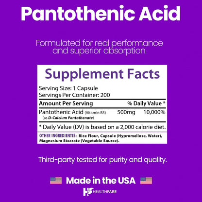Healthfare Pantothenic Acid 500mg Vitamin B5 Supplement – 200 Vegan Capsules – Extra Strength Energy & Metabolism Support – Non-GM, Gluten free – Manufactured in the USA